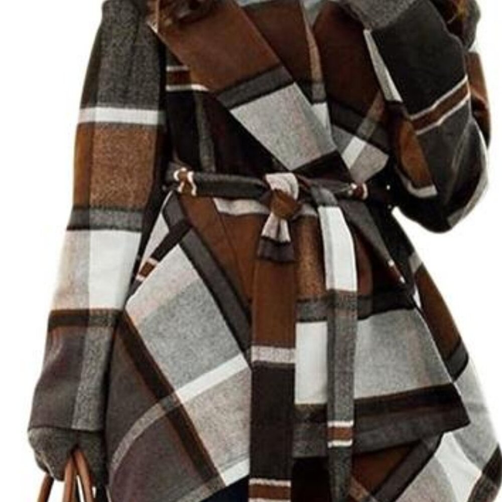 CHICWISH Women's Turn Down‎ Shawl Collar Earth Tone Check Asymmetric Hemline